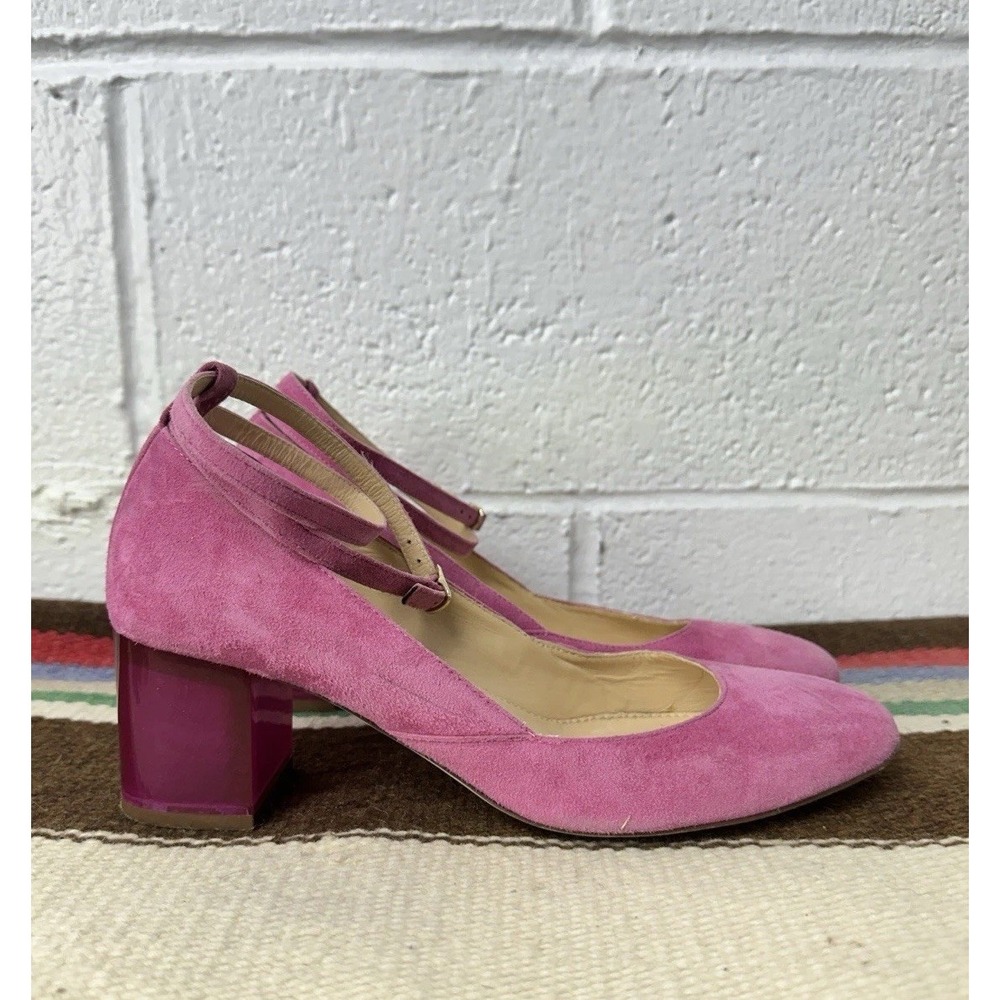 J.Crew Womens Size 8 Pink Suede Ankle Strap Pumps Lucite Block Heels H1856